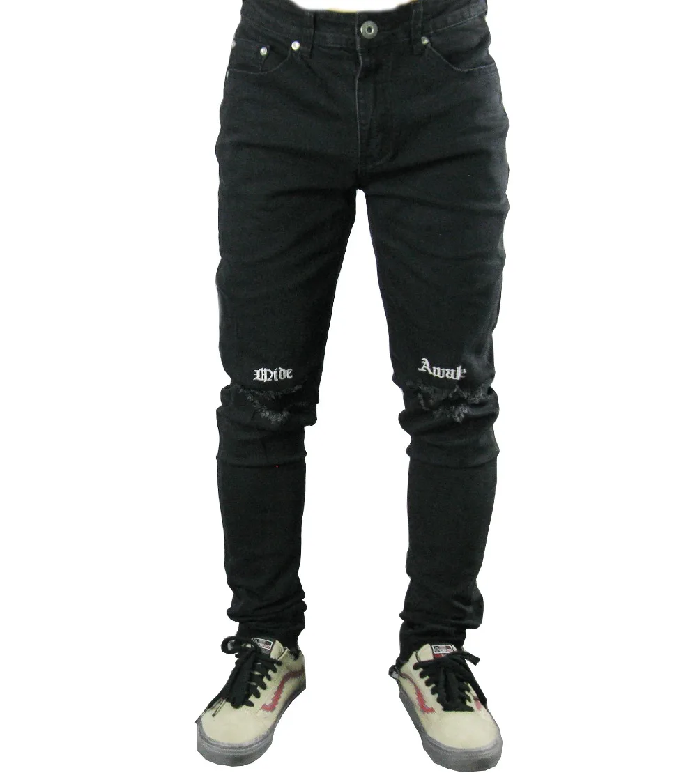 

2018 New Fashion Hiphop Men Skinny Destroyed zippers slim fit cotton Denim ripped wash damage hole embroidery Black jeans
