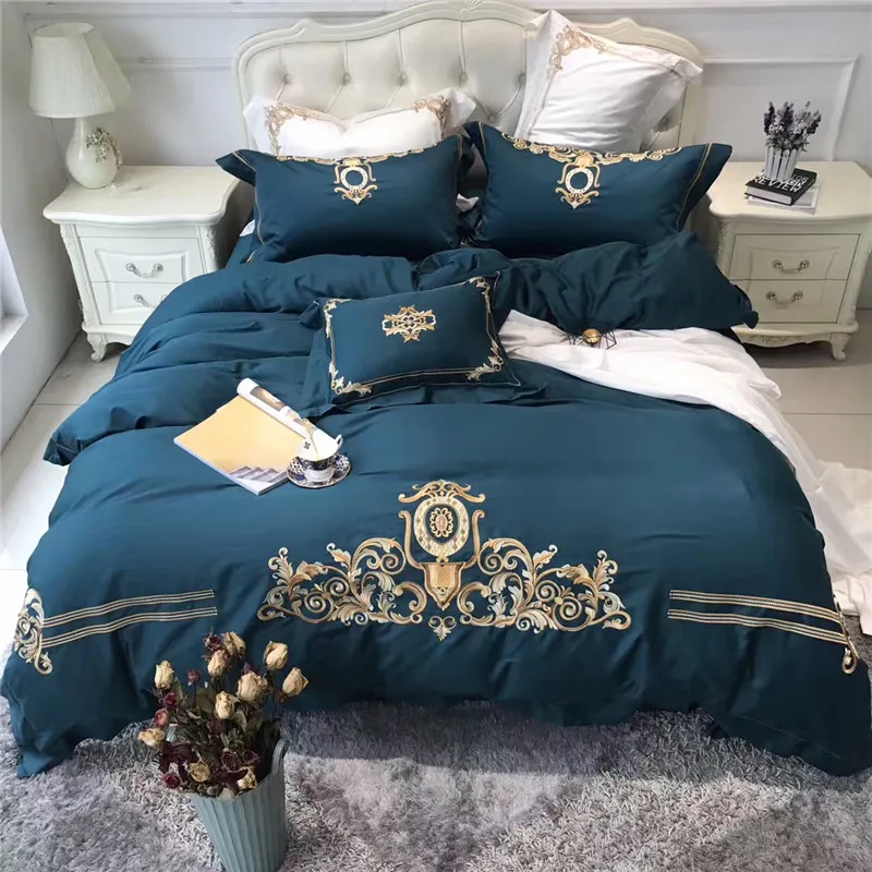 

Dark green Egyptian cotton Embroidery Luxury Bedding Set 4/6Pcs King Queen size Duvet Cover Bed Sheet set Decorative Pillowcases