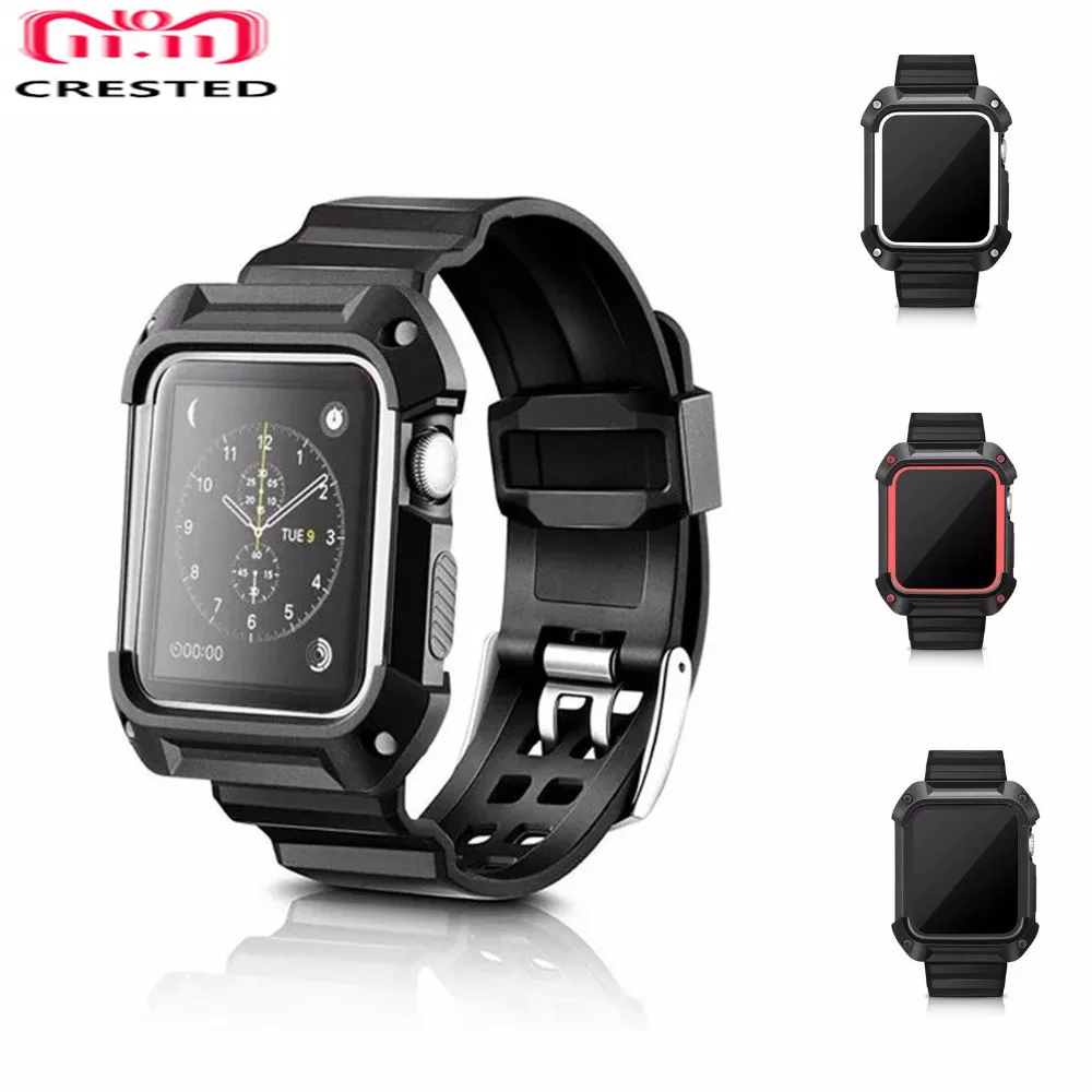 

CRESTED Sport band for apple watch 3 42mm/38mm correa iwatch series 3/2/1 wrist band bracelet Rubber watchband & Protective case