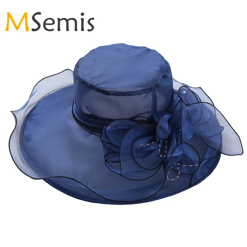 

Womens Hat Elegant Ruffles Cap Wide Brim Top Flower Organza Hat for Women Church Cap Party Wedding Hat Big Summer Sun Hat