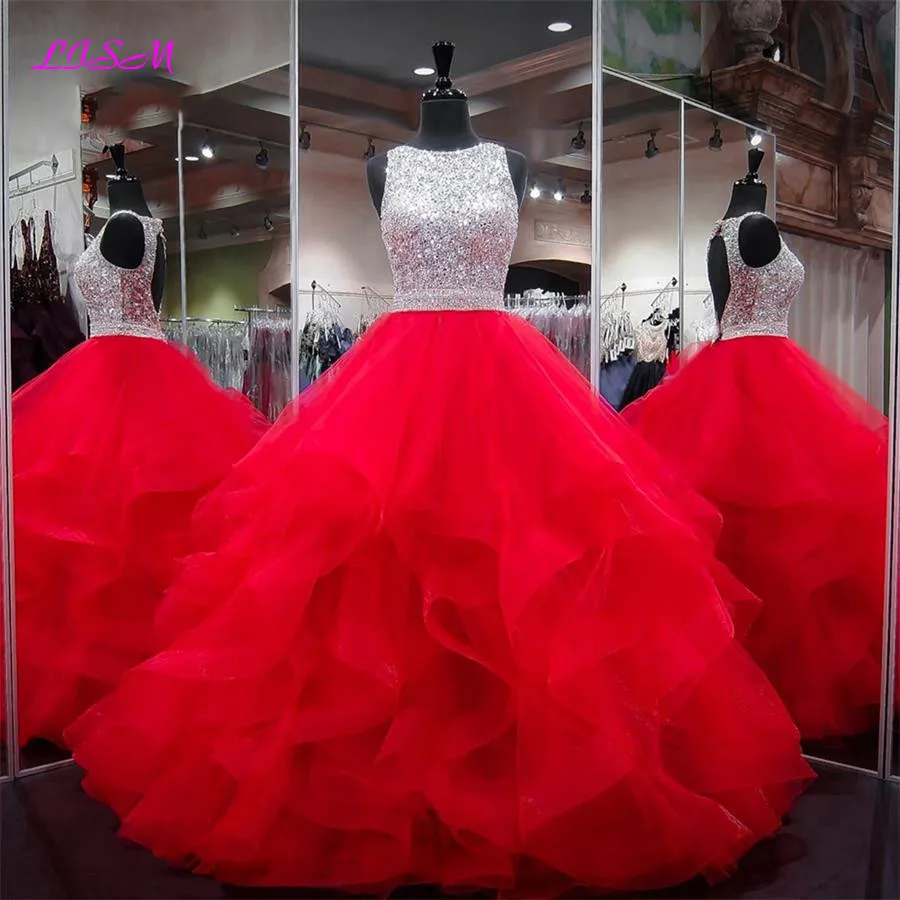 Vestidos de 15 anos krystalů bál talár quinceañera šaty organza červená ples večírek gowns nabíranou flitry korálkový sladké 16 šaty