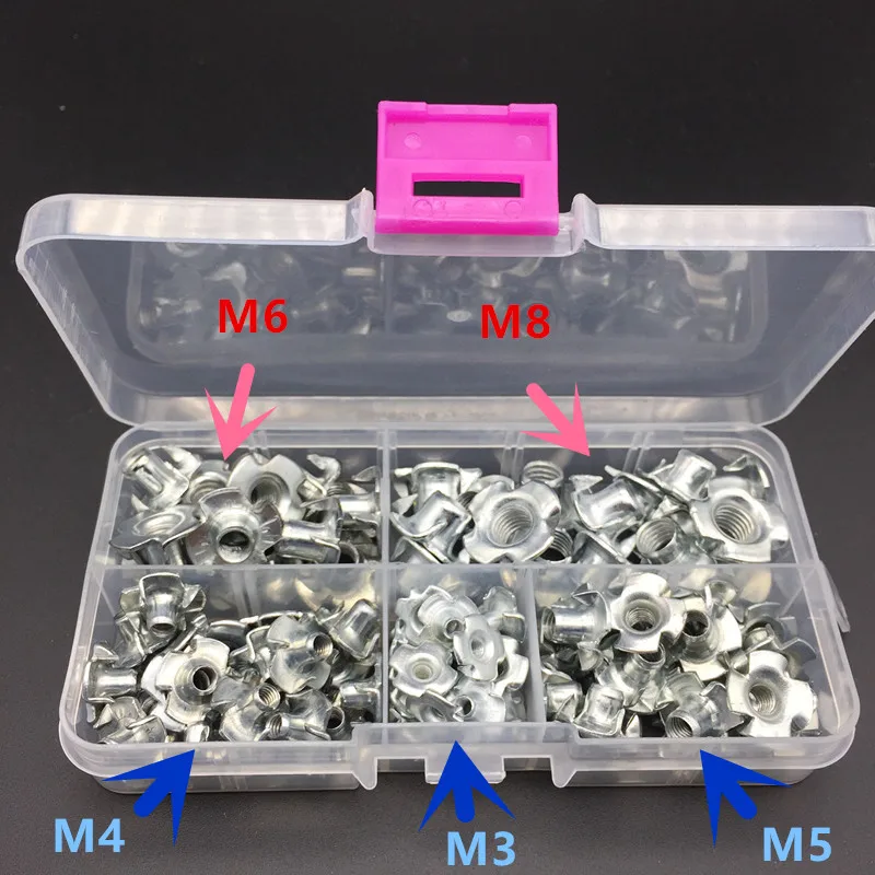 

90pcs/set Four Pronged T Nuts Blind Inserts Nut M3 M4 M5 M6 M8 Nuts Fastener Hardware for Wood Furniture