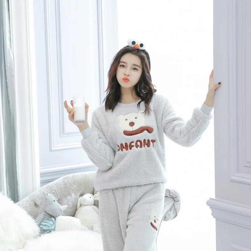 

JINUO New Arrival Cute Cartoon Bear Women Winter Plush Pajama Sets Young Ladies Warm and Soft Home Wear Sleepwear Suit