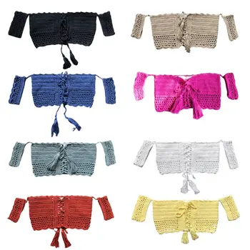 

Womens Handmade Crochet Crop Top Hollow Out Off Shoulder Short Sleeve B Cover Up Solid Color Cross Drawstring Knitted Hippi