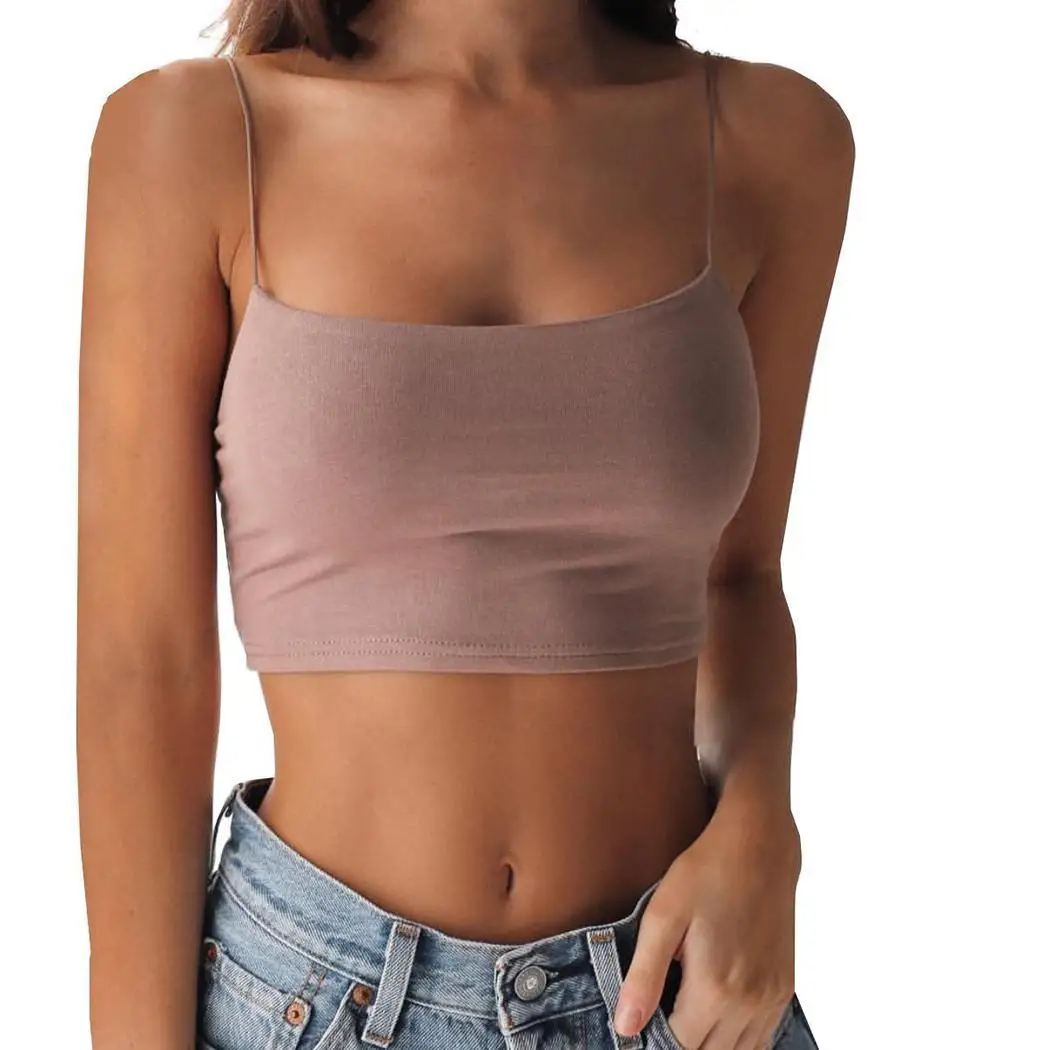 

Women Summer Spaghetti Strap Solid Color Camis Top Navel Crop Sleeveless Fashion Slim Casual None Top