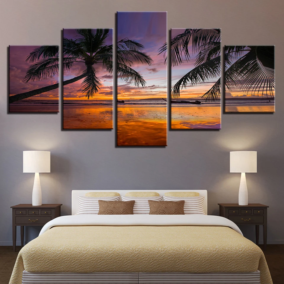 

Wall Art Pictures HD Printed Decoration Posters Frame 5 Panel Beach At Dusk Landscape Modern Painting On Canvas Home Living Room