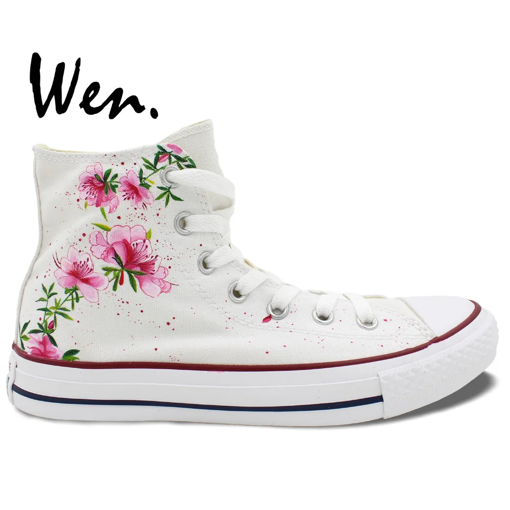 

Wen Original Sneakers Design Custom Hand Painted Shoes Pink Flowers Floral Women Men's High Top White Canvas Sneakers