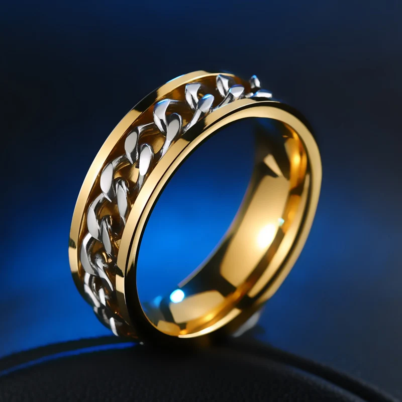 BEIER New Part Plated-Gold/Black Man's Spin Chain Ring For Stainless Steel Cool Man Woman Fashion Wedding Jewelry BR-R054