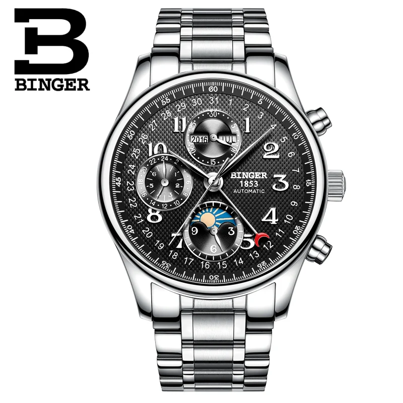 Бингер мужской роскошный бренд часов несколько функций часы для мужчин Moon Phase сапфир календарь механические наручные часы B-603-8 2