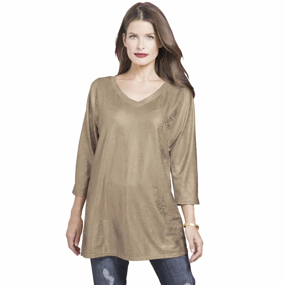 L 9XL Novelty Plus Size Shining Gold Metallic Dolman Long Tunic Tshirt