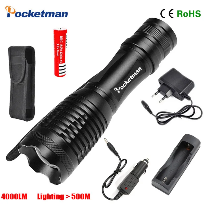 

Superior Quality LED flashlight torch XM-L T6 4000Lumens Zoomable lampe torche AC/Car Charger 18650 battery Free Shipping