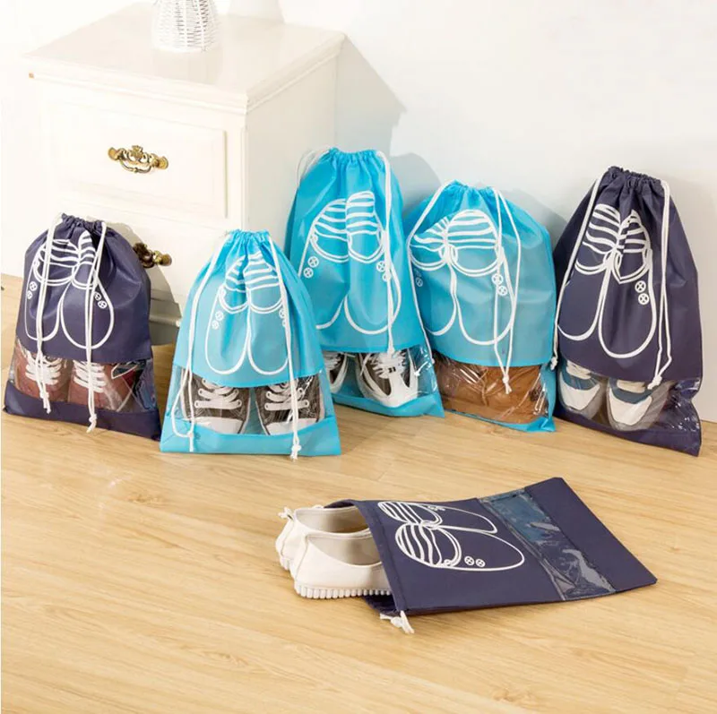 

5 Pack, Blue Non Woven Shoes Storage Travel Bag, Drawstring Bag Pouch with Clear Window for Shoes