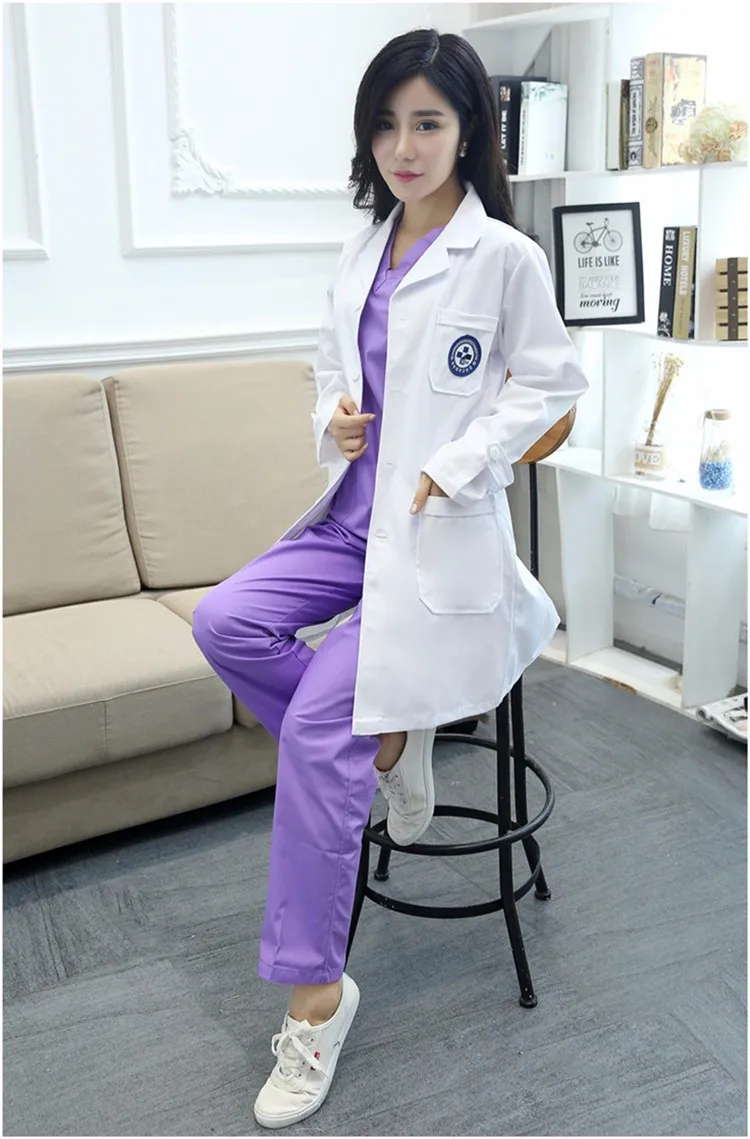 Белое пальто для мужчин и женщин, платье доктора, Полупостоянный корейский вариант одежды доктора с длинными рукавами, лабораторное пальто, костюм медсестры