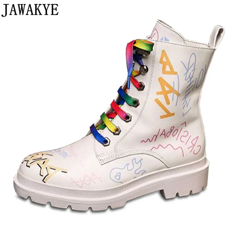 

2018 British style shoes genuine leather Ankle Boots for women flat painting pattern colorful drawing martin short botas mujer