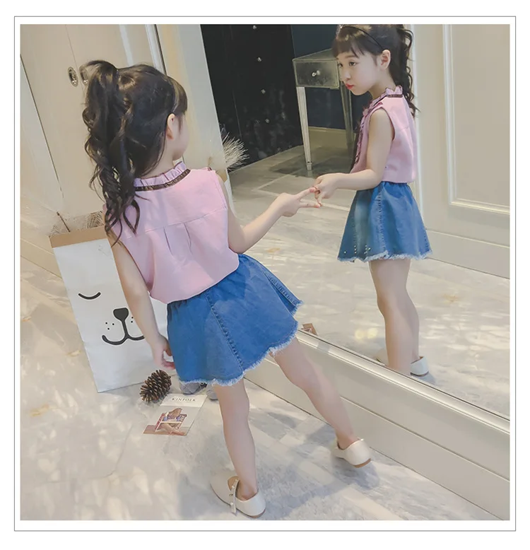 kids girls bowknot ribbon sleeveless shirts  denim short skirts girls clothes suits sets 10