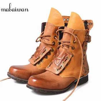 

Mabaiwan Fashion New Style Women Shoes Flat Heel Winter Retro Ankle Boots Genuine Leather Shoes Woman's Rivet Zipper Short Boots