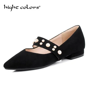 

Elegant Pearl Mary Janes Casual Shoes Women Plus Size 42 43 Shallow Low Heel Pointed Toe Flat Shoes For Women Black Beige Pink
