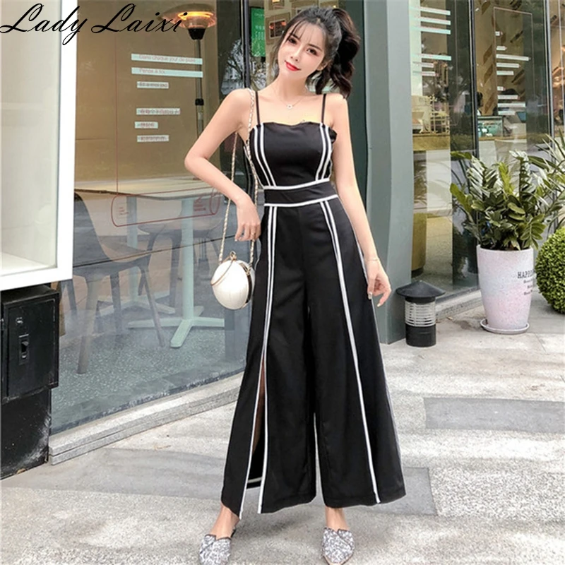 

2019 Summer High quality Runway Women Striped High Waist Wide Leg Patchwork Spaghetti Strap backless Jumpsuits Split Rompers