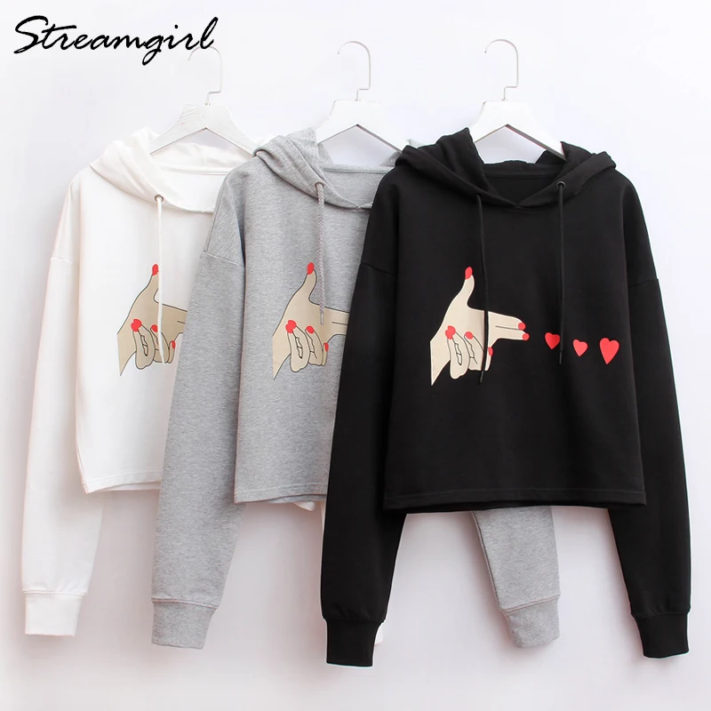 

2019 Printed Crop Hoodies Sweatshirts Hooded Sweatshirt Crop Top Hoodie Femme Short Sweatshirts Pullover Sweatshirt Female