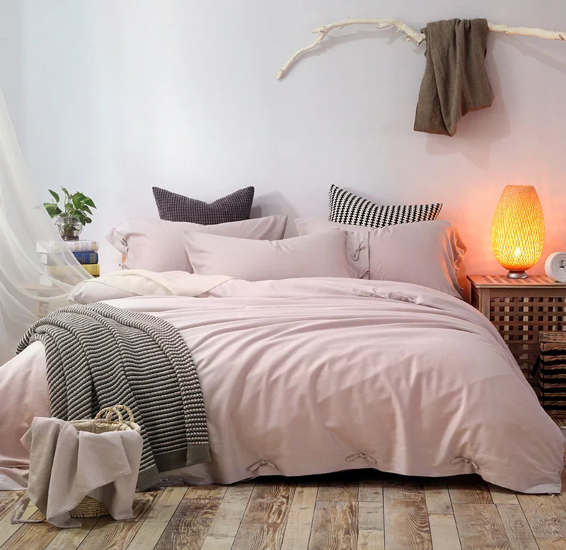 4pcs Solid color light pink duvet cover set New Cotton silk linen
