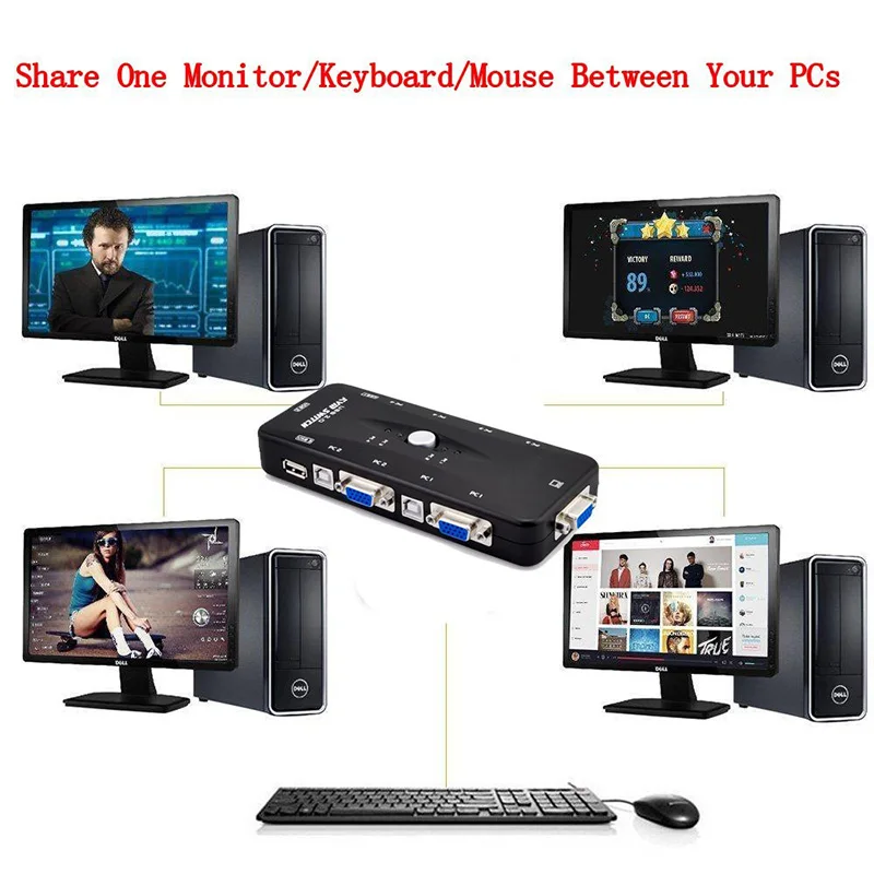  1set 4 KVM Switch Cables+ Hub 4 Port USB 2.0 KVM VGA/SVGA Switch Box Adapter Connects Printer keybo