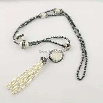 

3 Strands Pave Rhinestone Natural Pearl Necklace with 3mm Mini Black Hematite Beads and Tassel Pendant Charms Necklace