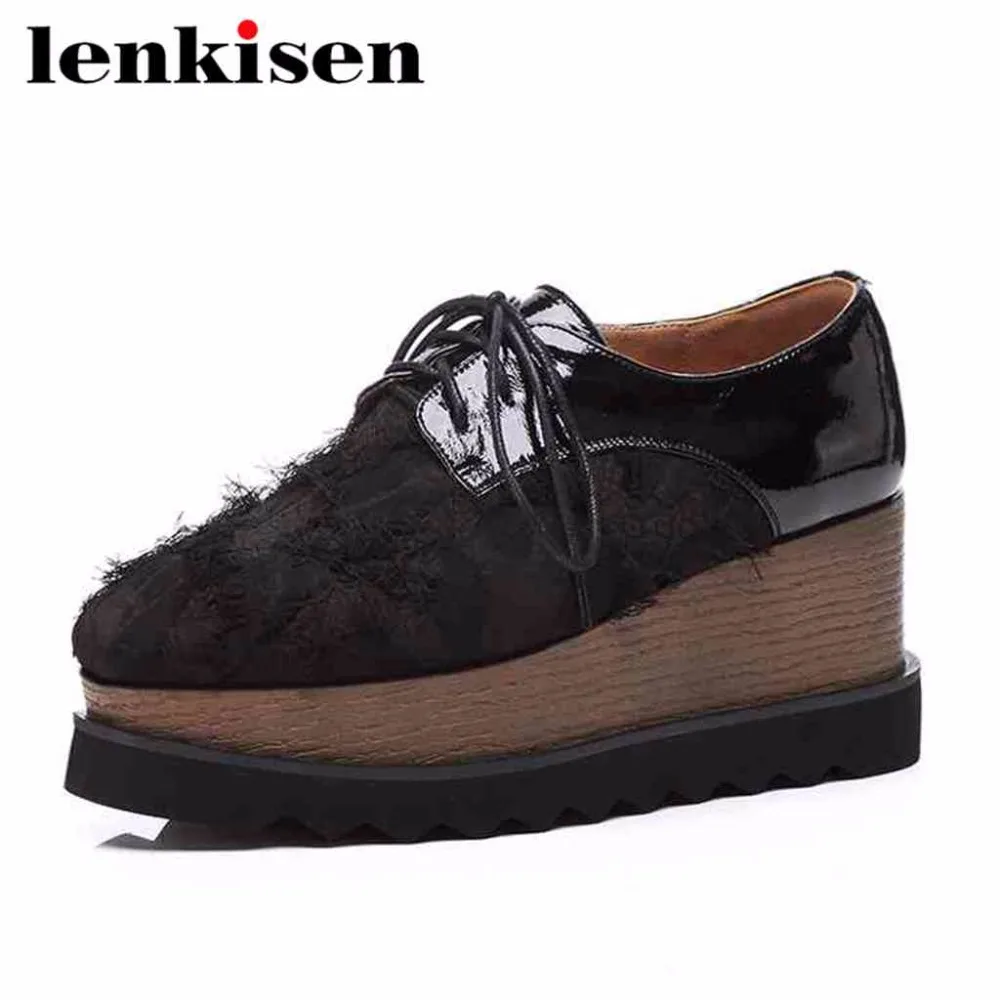 

Lenkisen large size solid square toe microfiber lace up high street fashion high bottom wedges heels luxury women cozy pumps L35