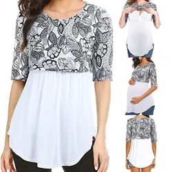Модная Однотонная рубашка для беременных и кормящих женщин с принтом и рукавами из двух частей; Футболка для беременных; одежда для