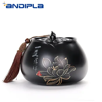 

Japanese Style Vintage Hand Painted Lotus Tea Cans Ceramic Kung Fu Tea Set Accessories Tea Caddy Candy Coffee Jar Salt Canister