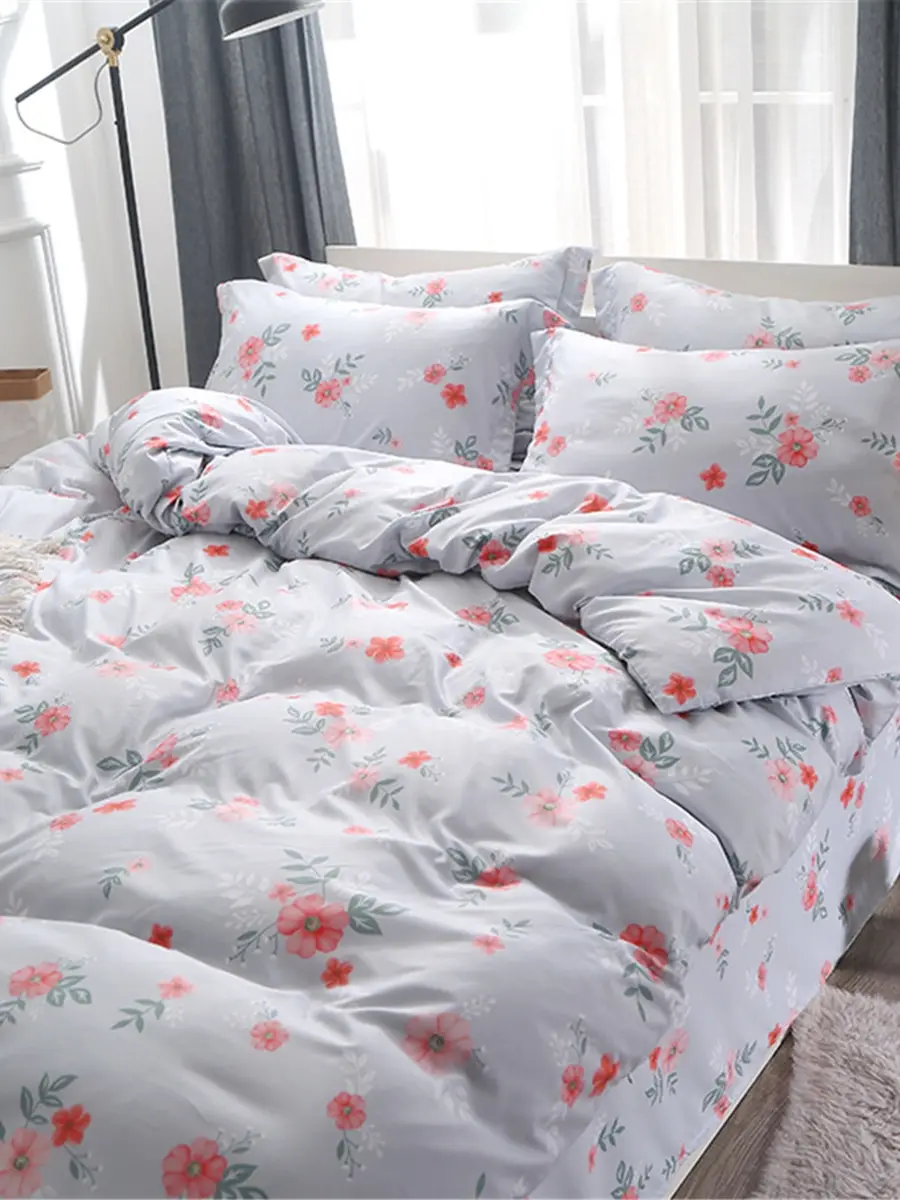 

3/4Pcs Duvet Cover Set Pastoral Style Floral Printed Skin-Friendly Bedding Set