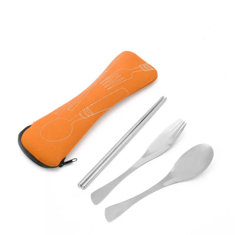 3 unids/set portátil al aire libre Camping Survival Picnic vajilla de acero inoxidable tenedor cuchara palillos cubiertos con bolsas