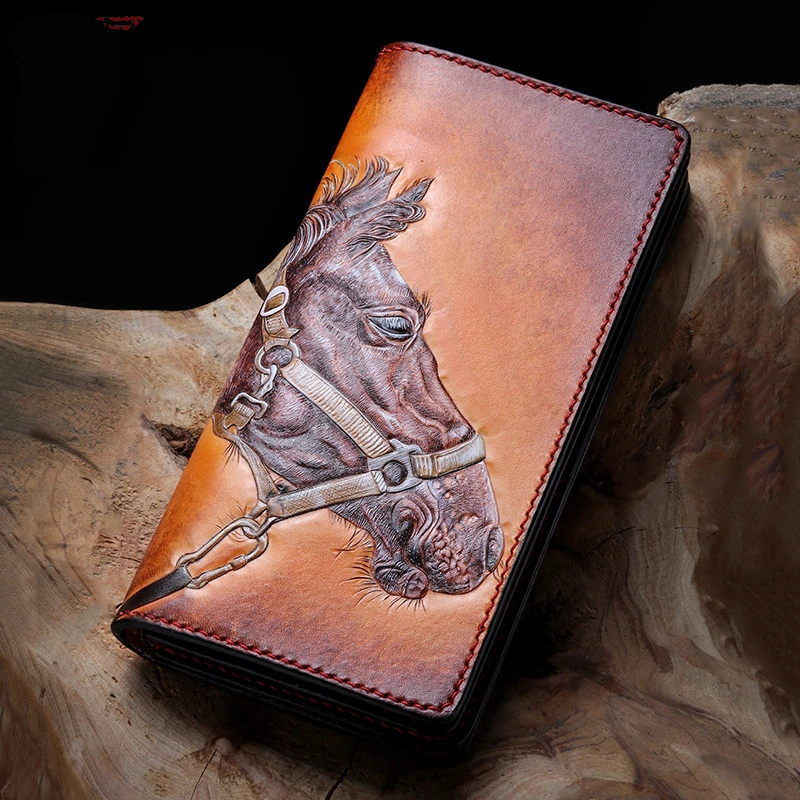 Master Works billeteras hechas a mano para Hombre y mujer, carteras de cuero curtido, con tallado de caballo, de calidad|leather wallet|genuine leather walletmen clutch -