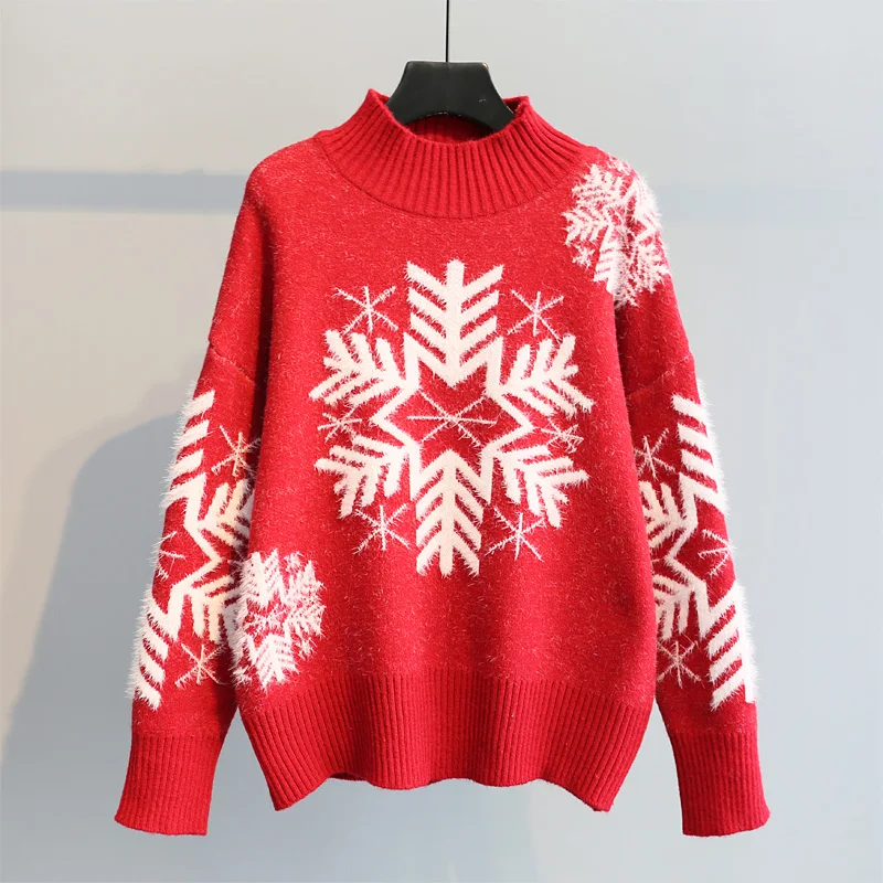 Christmas red snowflake women sweaters 2019 turtleneck loose thicken