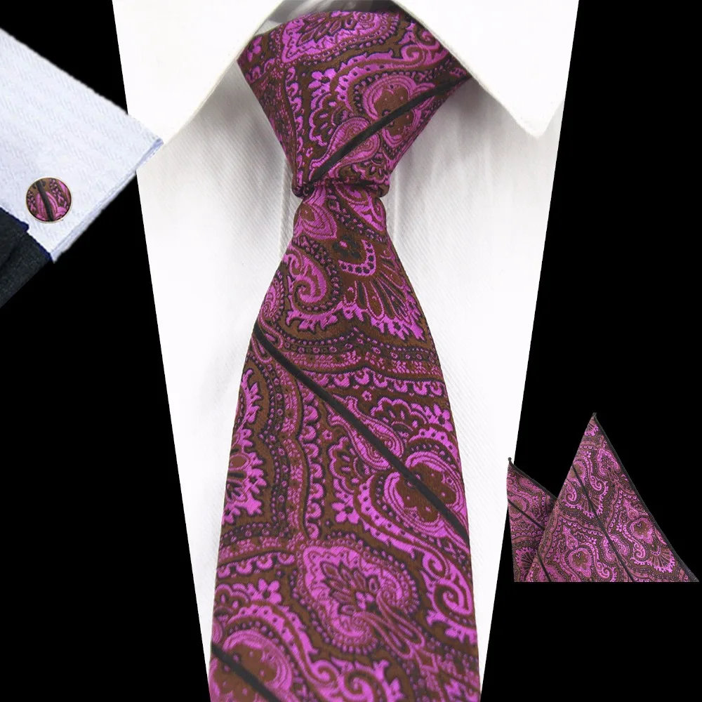 Бренд Ricnais, шелковый галстук в клетку, жаккардовый тканый галстук с узором пейсли, запонки на носовой платок, набор, карманный квадратный мужской галстук