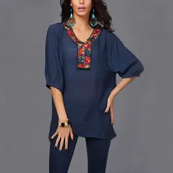 Новая женская летняя хлопковая рубашка, Женская Повседневная рубашка с этническим воротником и вышивкой, большие размеры