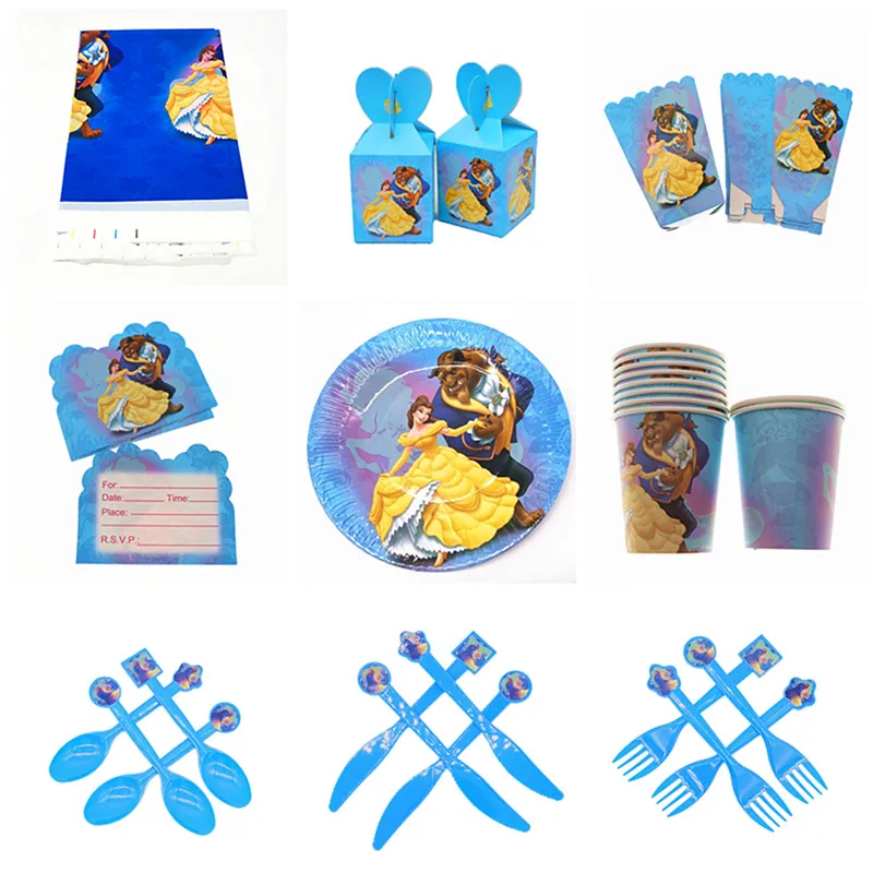 

Beauty and Beast Party Supplies Kit Paper Plates/Cups/Napkins/Table Cover /Straws Birthday Decorations Kids Party Supplies