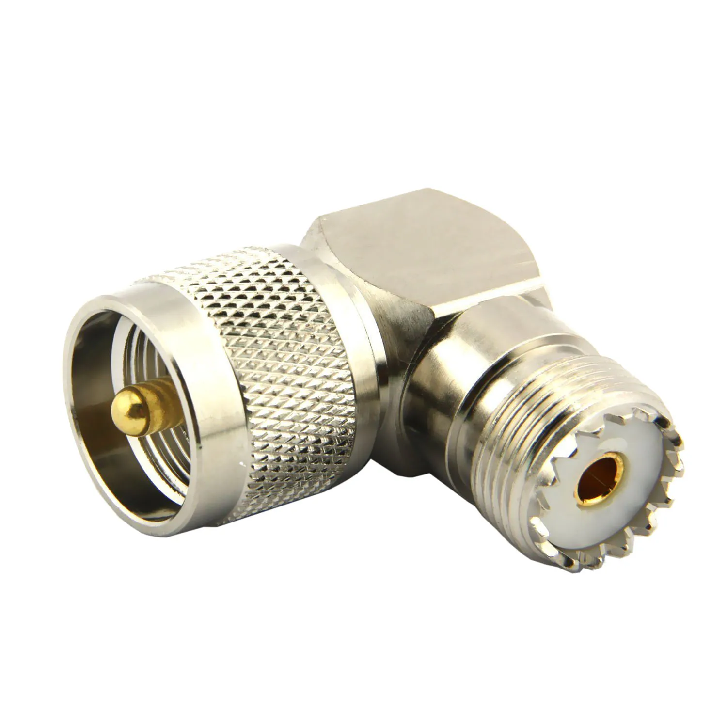 

RF Coaxial Coax Adapter, UHF Male To Female Right Angle Adapter PL259 To SO239 90 Degree Jack Connector,silver