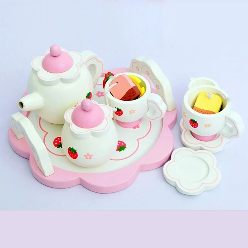 أطفال خشبية طقم شاي لعبة أثاث لعبة واقعية دمية المطبخ اللعب الوردي الحلو الفراولة مسرحية الوالدين والطفل Games0.8k