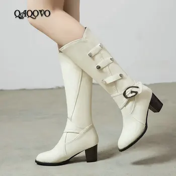 

Fashion Knee High Boots Women Square High Heels Western Cowboy Boots Autumn Winter Boots Slip On Ladies Shoes Big Size 34-44