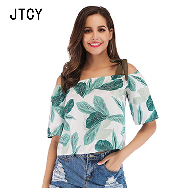 

JTCY Women New Fashion Printing Blouse Summer Beach Chiffon Short Blouse Slash Neck Short Sleeve Off The Shoulder