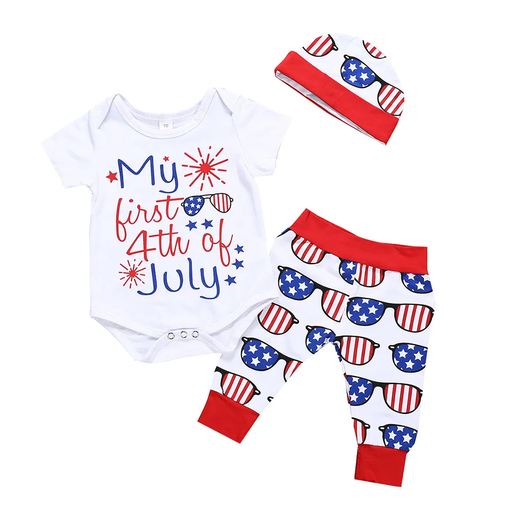 

Fashion Infant Baby 4th of July Letter Bodysuit+Stars Striped Pants+Hat Outfits Abito in cotone a maniche HOOLER