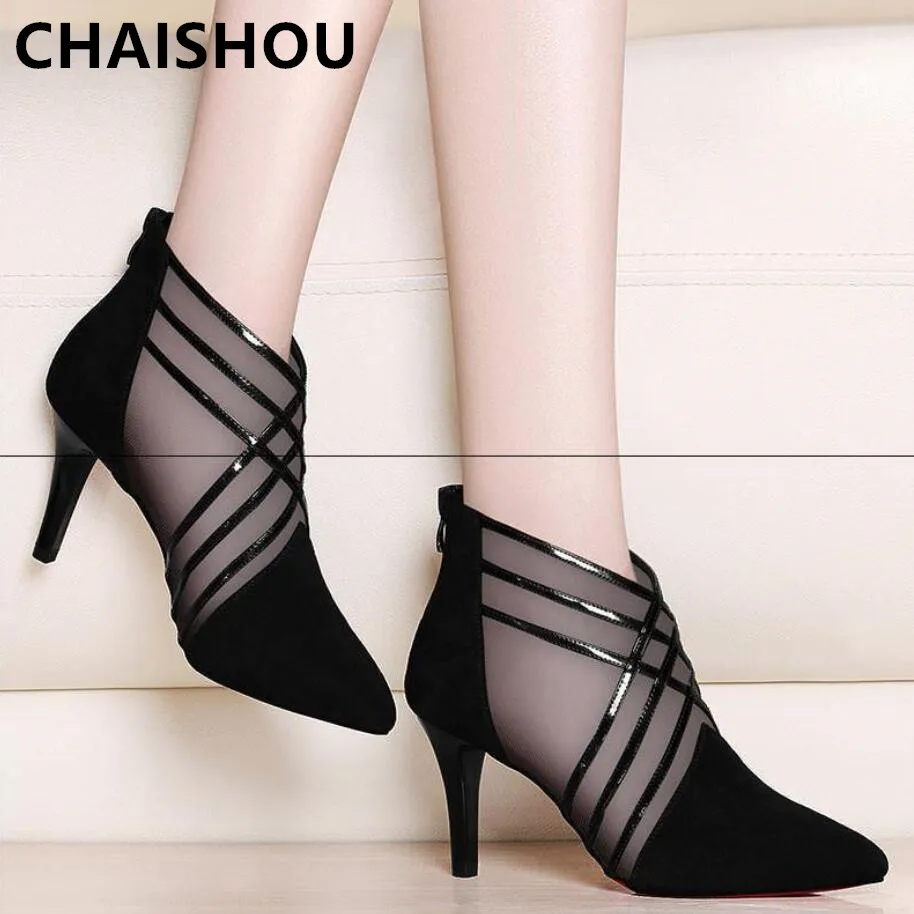 

CHAISHOU Women Sandals New Summer High heel mesh high heel pointed stiletto sexy plus size Women sandals krasovki Famela B-498