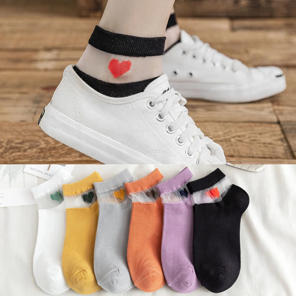

Summer Thin Socks Cute Heart Patchwork Women Socks Comfortable Lace Pattern Cotton Bottom Sock New Style Casual White Black Hot