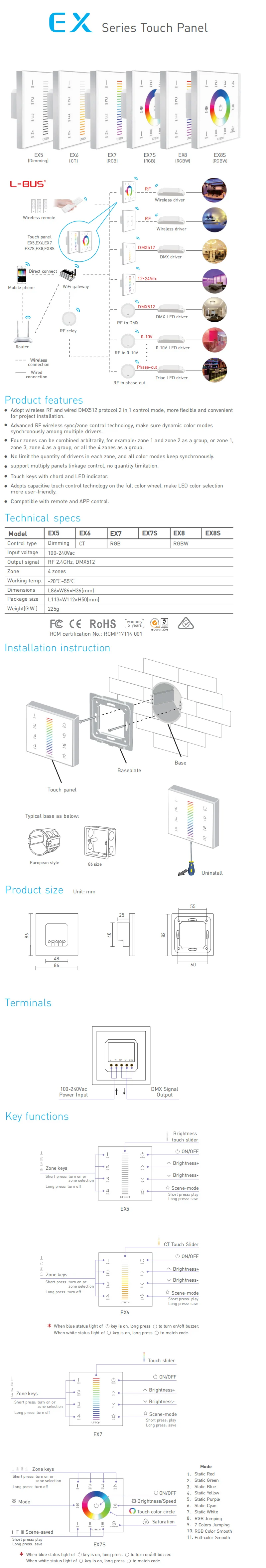 Настенный сенсорный RGBW контроллер светодиодной ленты EX8S 100 V-220 V 4 зоны 2,4 GHz& DMX контроллер с беспроводным РЧ-пультом дистанционного управления