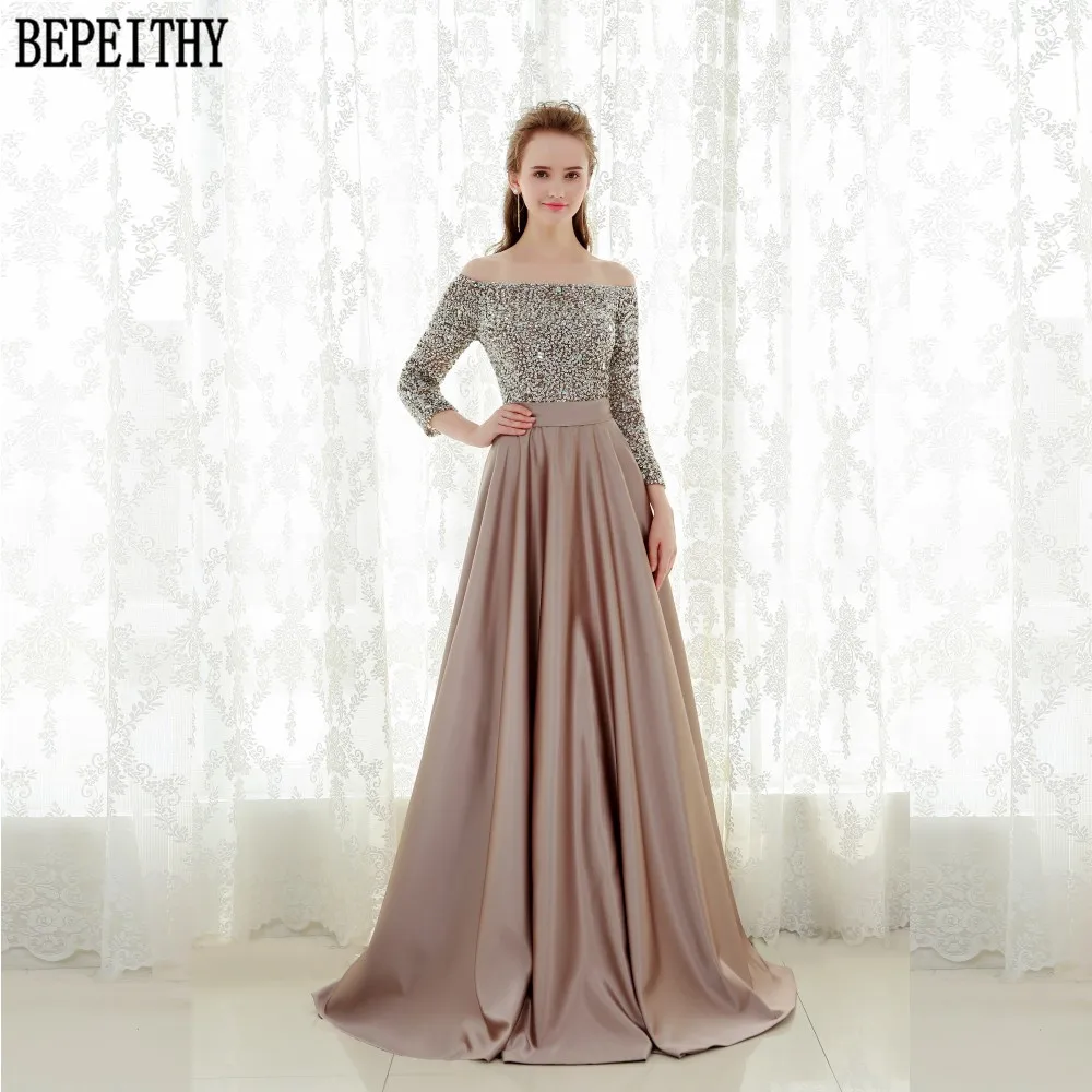 BEPEITHY Robe De Soiree с открытыми плечами три четверти рукав бисером Vestido Longo вечернее платье длинное