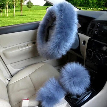 

3pcs/set Car Steering-wheel Cover Long Australian Wool Heated Fur Genuine Leather Steering Wheel Cover