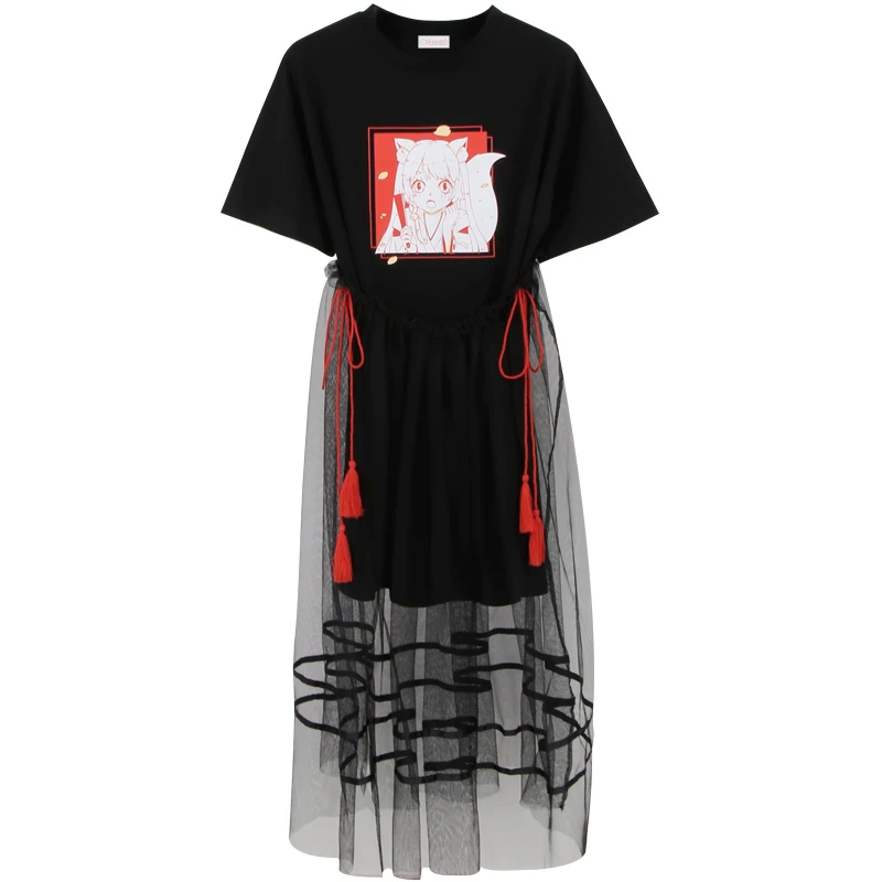Харадзюку кавайное Черное длинное платье с героями мультфильмов для девочек-подростков, винтажный комплект из 2 предметов с фатиновой юбкой в стиле Лолиты, Женский сетчатый в готическом стиле платье-футболка