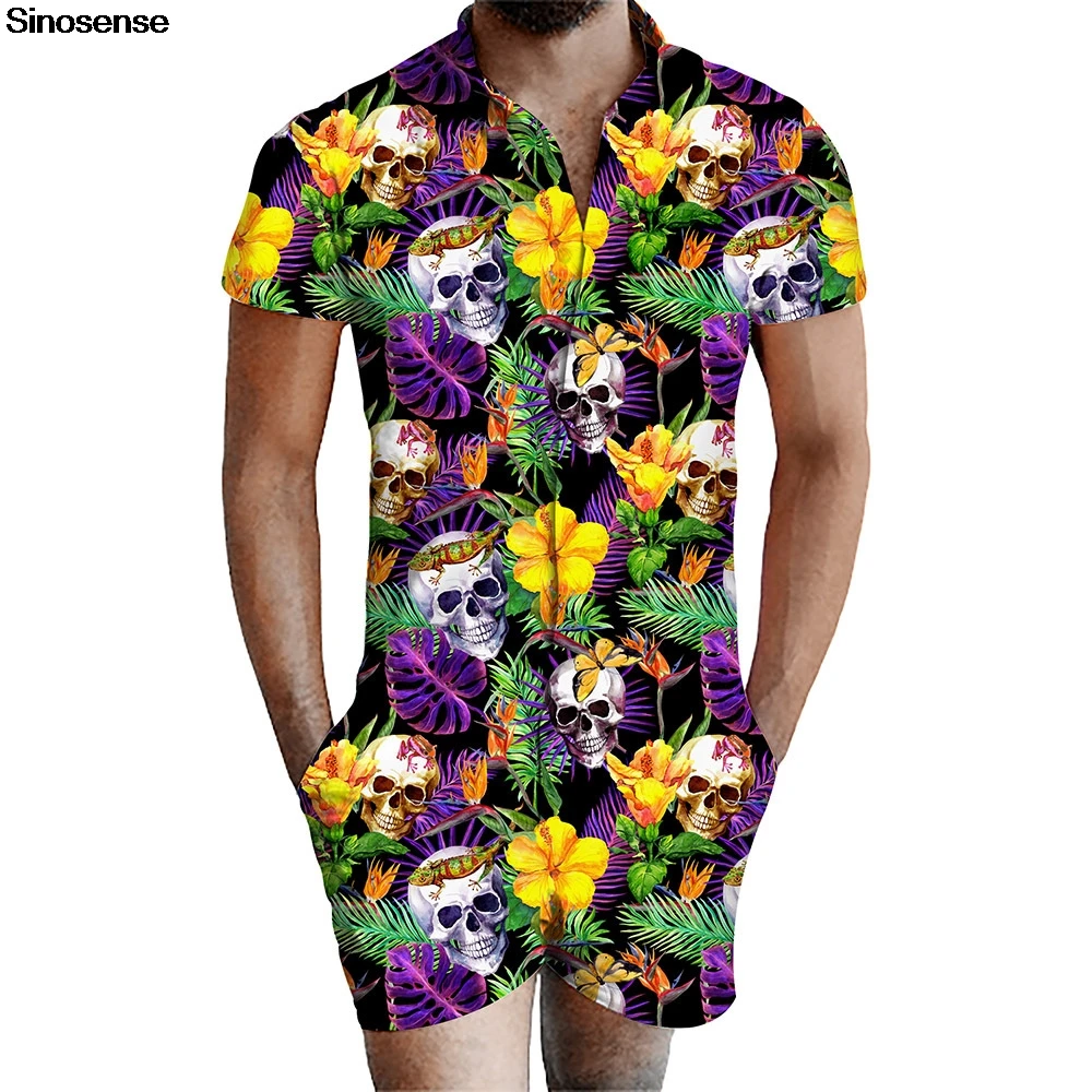 

Skull 3D Print Men Romper 2019 Summer Holiday Vocation Beachwear Casual Men's Sets Short Sleeve Rompers One Piece Jumpsuit S-3XL