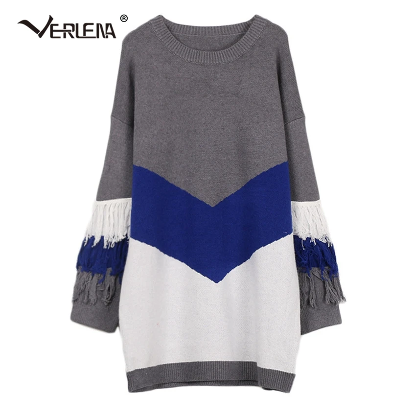 Tassel Fringe Batwing Sleeve Color Block Long Sweater