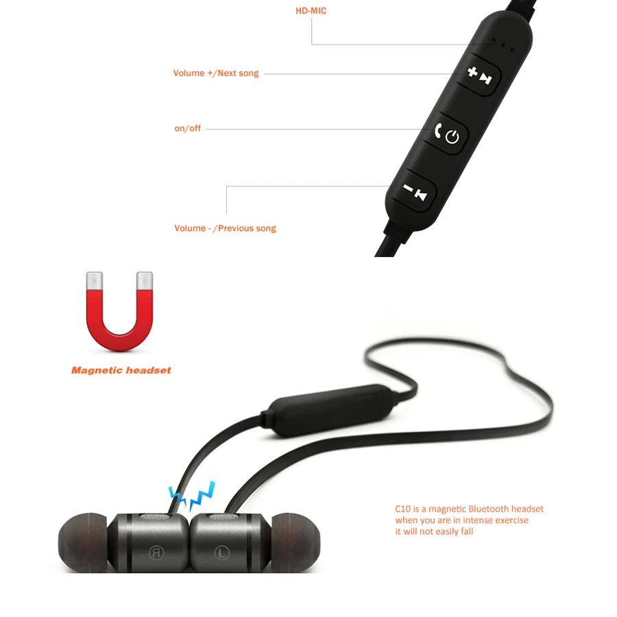CBAOOO C10 Bluetooth наушники беспроводные гарнитура Спорт магнитный Hifi стерео с